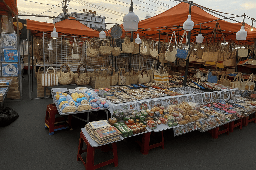 A shop selling handmade woven bags, souvenirs, small toys, beauty products, and local handicrafts